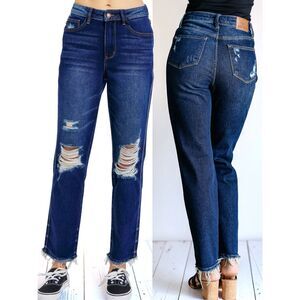 Judy Blue Distressed Straight Leg Jeans High Rise Raw Hem Stretch Rigid Magic